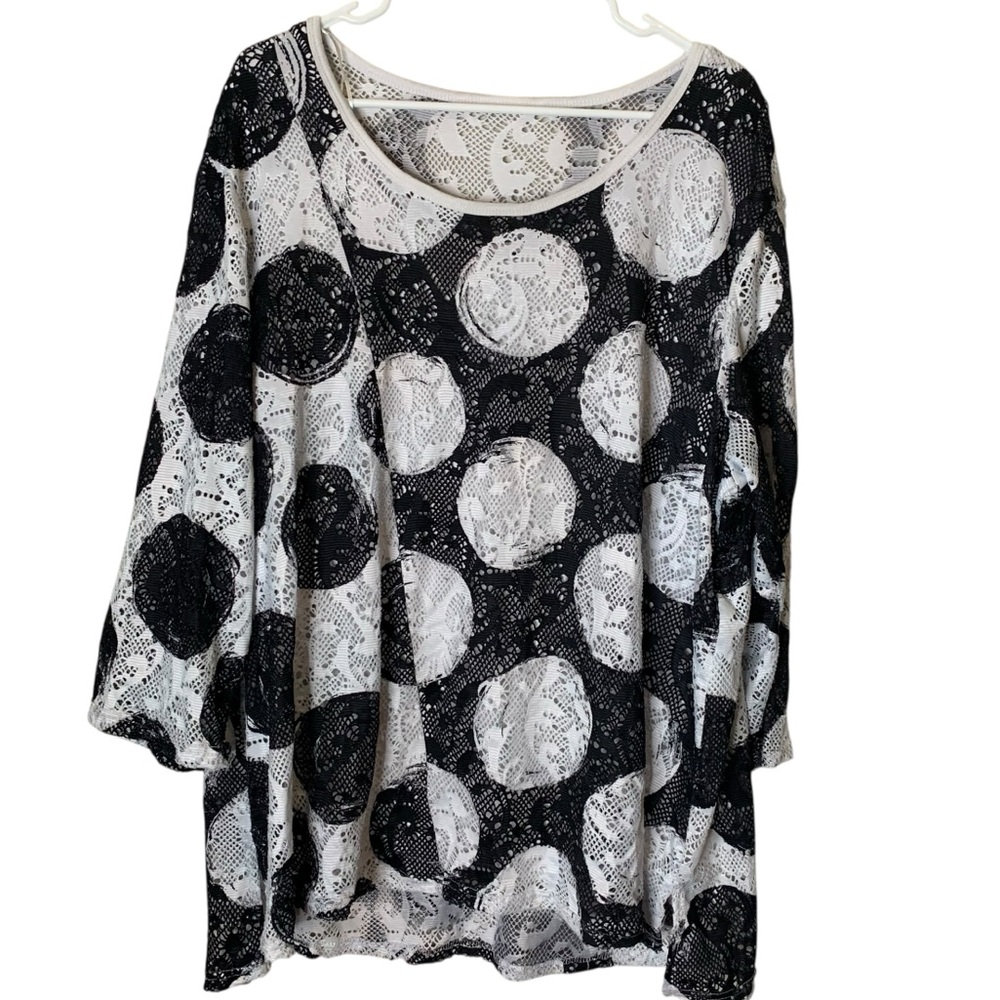 Onque Casual Lined Polka Dot Top Size 2X Boho Artsy Lagenlook Mesh Overlay